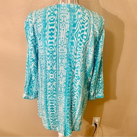 Grand & Greene Tunic Top Large Teal White 3/4 Length Sleeves 1/4 Button-Up Rayon - Picture 9 of 15